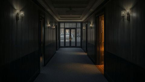 Moody carpeted corridor with amber-lit open door and rain-streaked glass doors