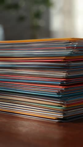 Vertical video focusing on tall stacked colorful folders on wooden desk for study use