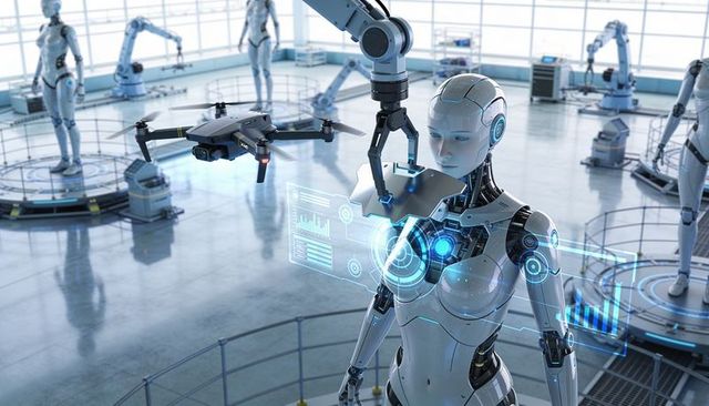 Robotic arm inspecting humanoid android chest with drone and holographic diagnostic ui