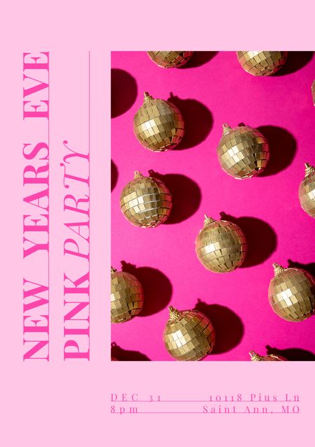 Composition of new years eve text over decoration with gold baubles on pink background. New years eve party and celebration concept digitally generated image.