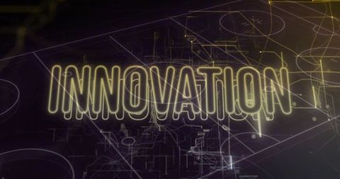 Glowing neon innovation text over futuristic wireframe circuit blueprint