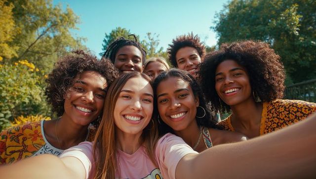 Group of Happy Friends Taking Selfie in Sunny Park