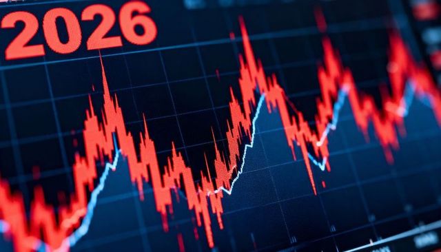 2026 market volatility chart displaying red jagged price movement with blue trendline on dashboard