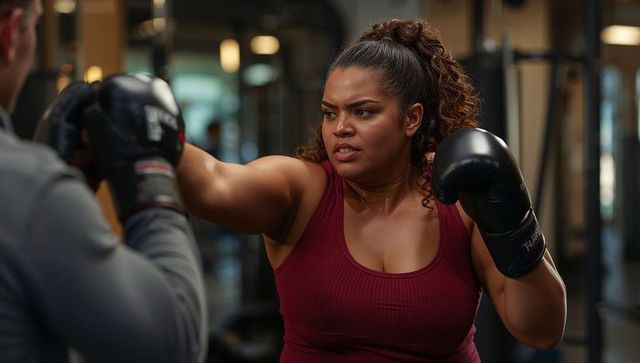 Determined Female Boxer Training with Coach in Gym