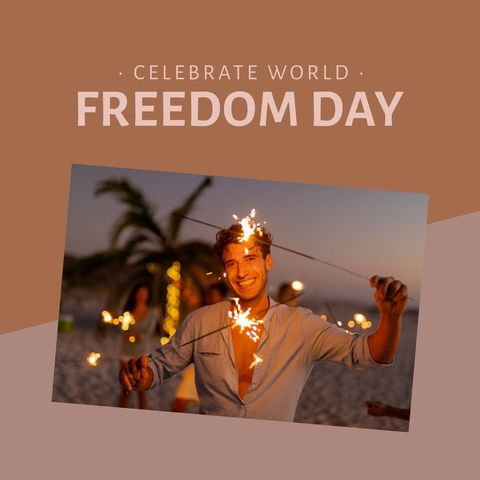 young man celebrating world freedom day holding sparklers at beach - Download Free Stock Templates Pikwizard.com
