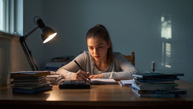 Teen girl studying late at wooden desk with lamp, calculator and stacked textbooks, focused
