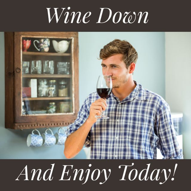 Man Sipping Red Wine in Cozy Kitchen with Message Overlay - Download Free Stock Templates Pikwizard.com