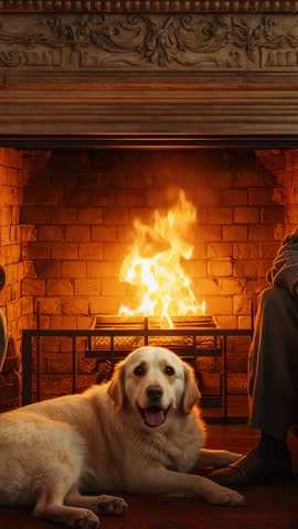 Labrador lounging by hearth in vertical video, cozy fireplace warmth and home comfort
