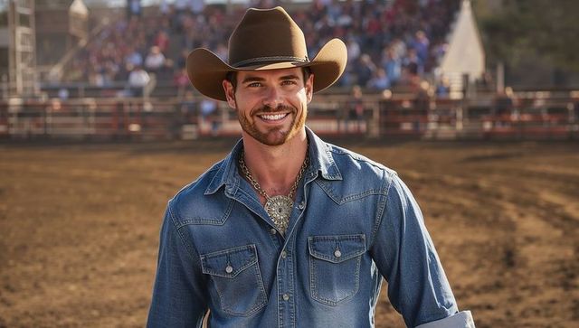 Smiling cowboy in rodeo arena with denim and bolo tie