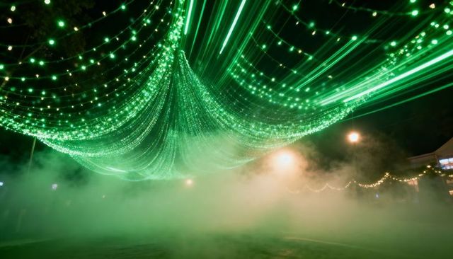 Glowing green led canopy creating luminous tunnel over fog-filled urban plaza night art installation