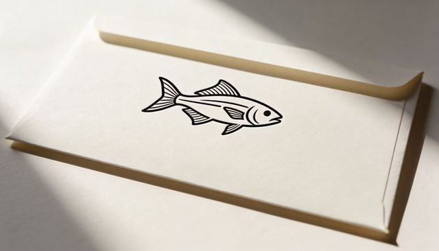 Minimal cream envelope featuring black fish line art logo flatlay on light textured desk