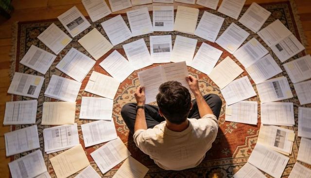 Overhead man arranging documents in concentric circles on rug reading paperwork