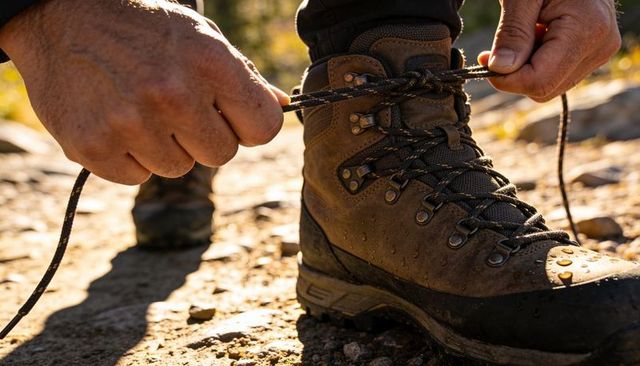 Hiker tying waterproof hiking boot laces on rocky trail during golden hour closeup