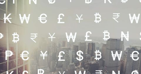 Global Currencies Interacting with Urban Skyline - Download Free Stock Images Pikwizard.com