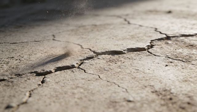 Sunlit cracked earth revealing deep fissures and dust plume on parched mudflat