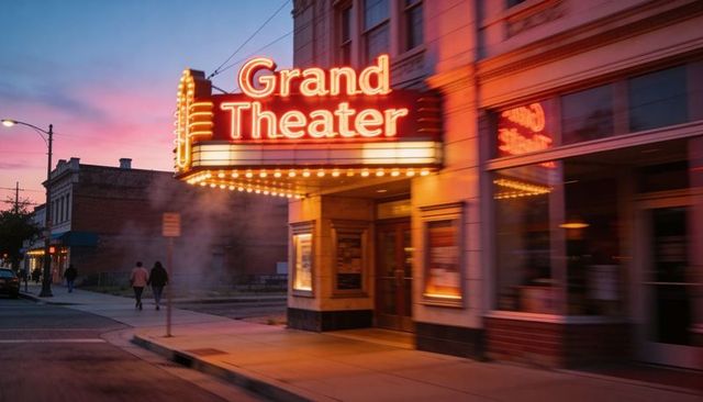 Glowing grand theater marquee casting warm neon light on small town main street at dusk