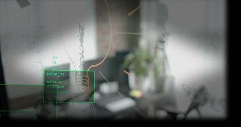 Glass partition showing marker sketch and augmented reality hud overlay in modern office workspace