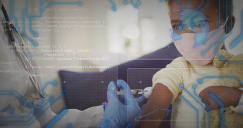 Pediatric nurse vaccinating masked child on couch with teddy and digital health overlays