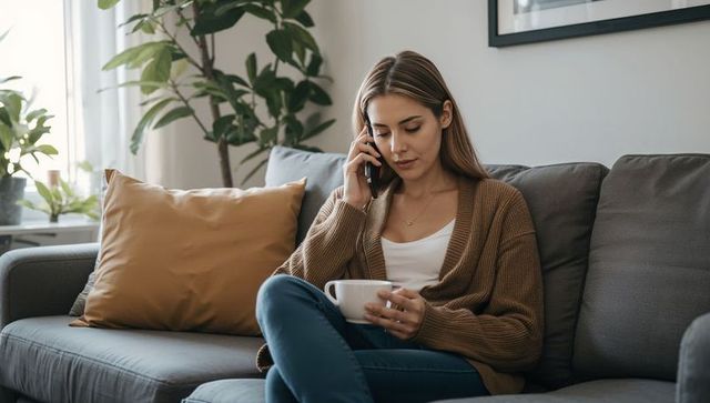 Woman talking on smartphone sipping coffee on cozy sofa with plants and warm daylight