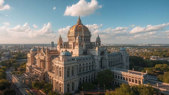 Aerial view showcasing grand historic domed building with neoclassical facades and cupolas