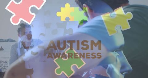 Autism Awareness with Puzzle Pieces Over Beach Gathering