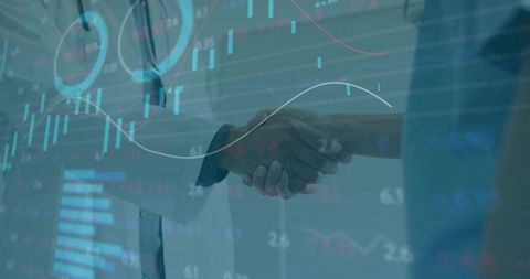 Healthcare Professionals Shaking Hands with Financial Graphics Overlay