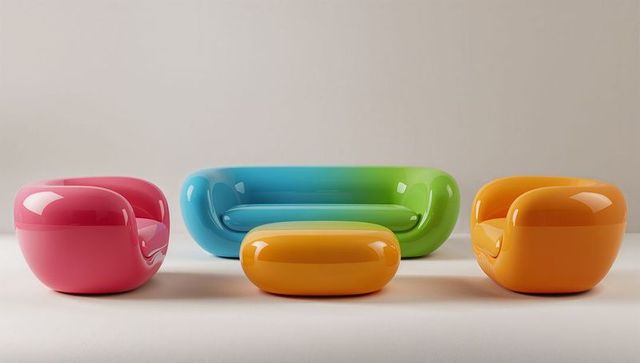 Showcasing glossy retro-futuristic modular seating in coral cyan lime and tangerine