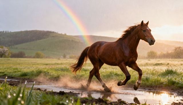 Galloping chestnut horse splashing through rainy meadow under vibrant rainbow