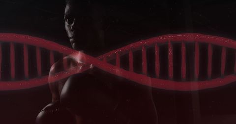 Athlete with Boxing Gloves and DNA Strand Overlay