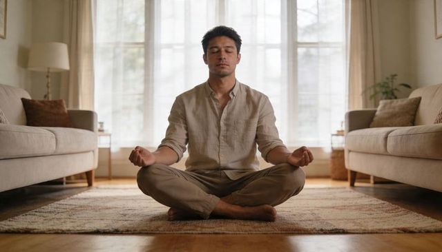 Peaceful home meditation man practicing mindfulness on patterned rug in sunlit living room
