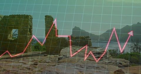 Neon Line Graph Overlaying Weathered Coastal Ruins and Bay Landscape with Grid