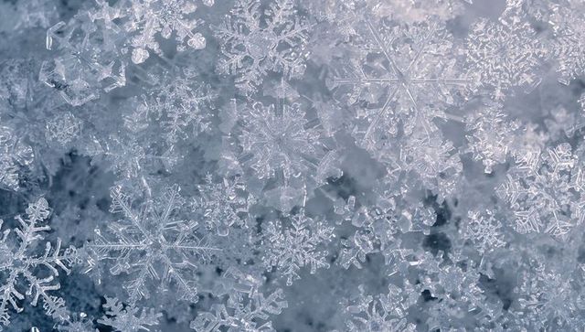 Macro snowflake crystals sparkling on frosty surface with intricate hexagonal patterns