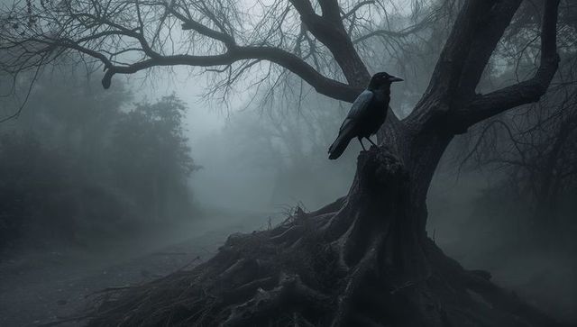 Mystical Crow on Foggy Tree Roots in Enchanted Forest