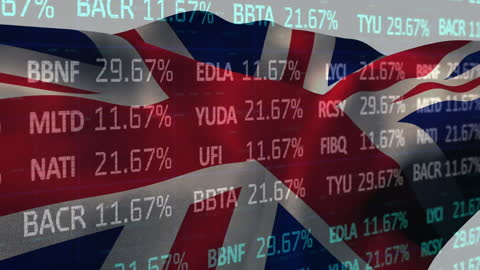 UK Flag Overlays Floating Stock Market Data Visualization
