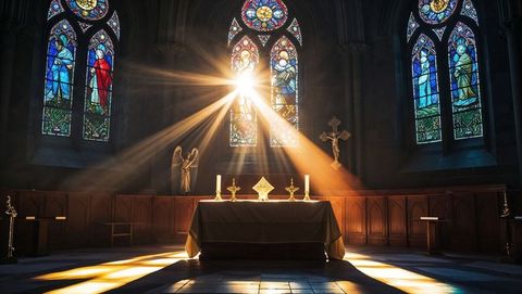 Sunbeams Illuminating Church Altar with Candles and Stained Glass