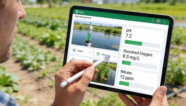 Farmer monitoring water sensor readings ph do nitrate on tablet in field using stylus