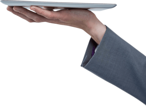 Businessman hand showing transparent digital tablet
