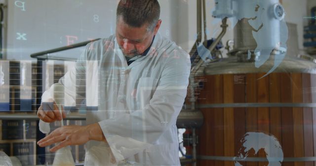 Picture captures a scientist in a laboratory setting, deeply engrossed in conducting research. He is wearing a lab coat, surrounded by laboratory equipment. The image has an overlay with technological elements, suggesting advanced research techniques. This can be used for themes related to scientific research, modern technology, innovation, biotechnology, and technological advancements in science.