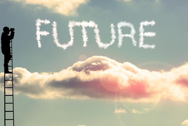 Silhouette of person standing on ladder, looking through binoculars at word 'FUTURE' formed by clouds in sky. Ideal for concepts of vision, aspiration, motivation, and looking ahead. Suitable for use in motivational posters, business presentations, and inspirational content.