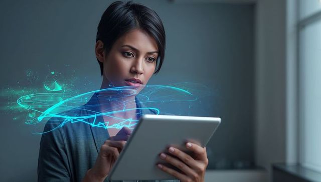 Asian woman holding tablet analyzing holographic data in futuristic office