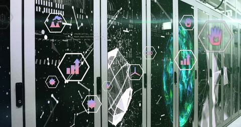 Digital Interface and Ecology Icons Over Data Servers Room - Download Free Stock Images Pikwizard.com