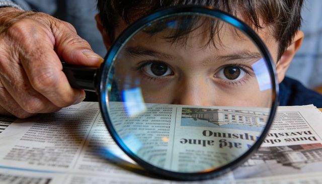 Young child peering through magnifying glass being held by senior hand over newspaper, closeup