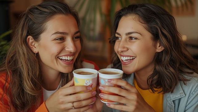 Women Enjoying Coffee in Cafe Clinking Cute Cups