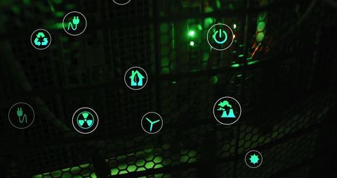 Eco-friendly technology symbols over server rack