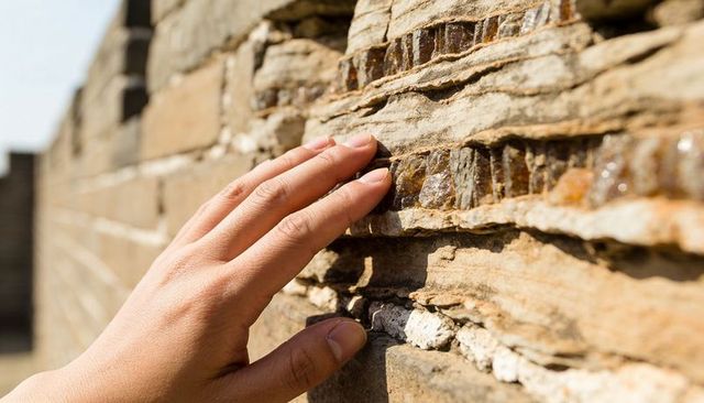 Hand touching layered stone wall showing weathered strata and mineral texture in sunlight
