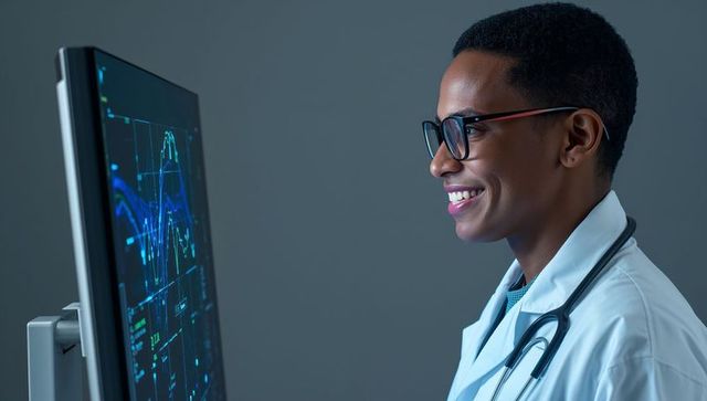 Young physician analyzing cardiac monitor with ai diagnostics on large screen