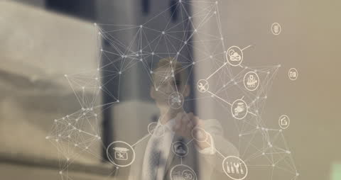 Businessman Touching Digital Network Interface with Icons