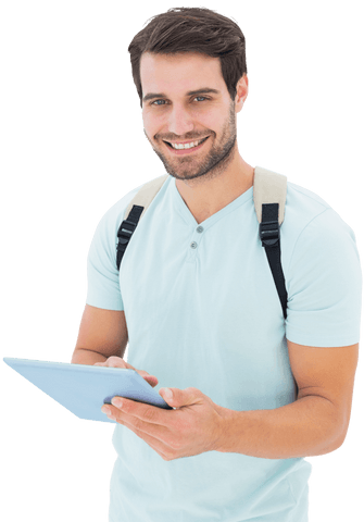 Smiling Caucasian Man Using Digital Tablet on Transparent Background - Download Free Stock Videos Pikwizard.com