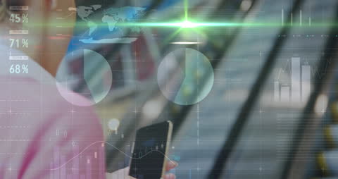 Business Professional Using Smartphone with Digital Analytics Overlay