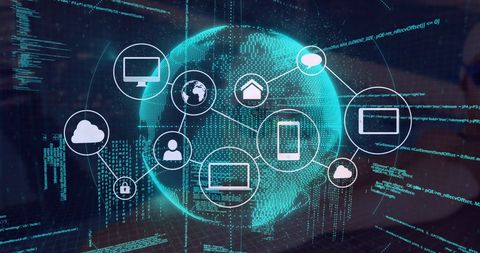Digital Interface with Data Icons Surrounding Glowing Globe - Download Free Stock Images Pikwizard.com